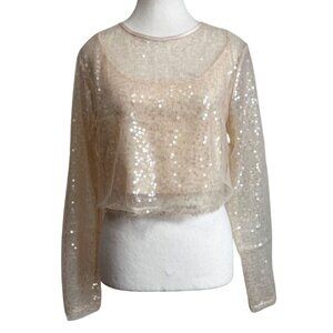 NWT JASON WU CHAMPAGNE SEQUIN ORGANZA LAYERED LONG SLEEVE CROP TOP - M